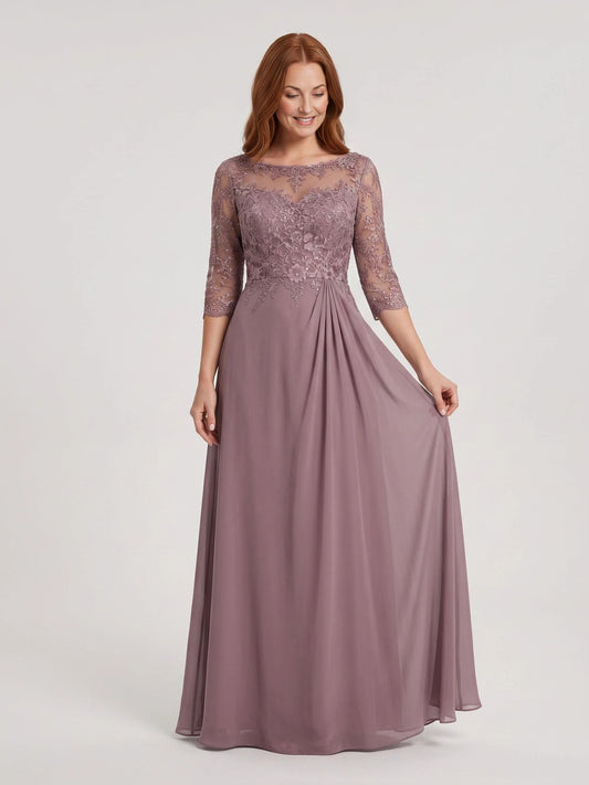 Dusty Rose maxi mother of the bride dress, front view showing the a-line silhouette