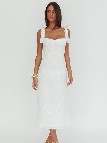 White midi formal dress, full-length front view
