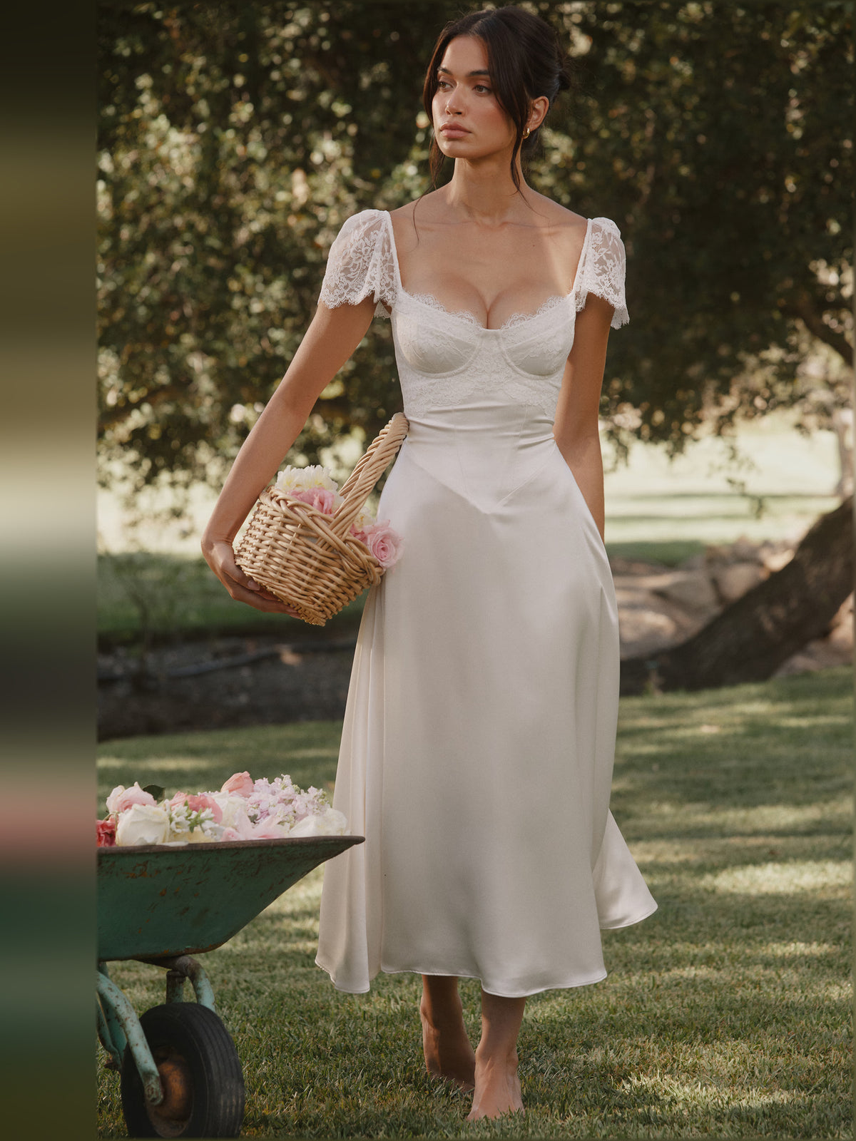 White midi formal dress, full-length front view