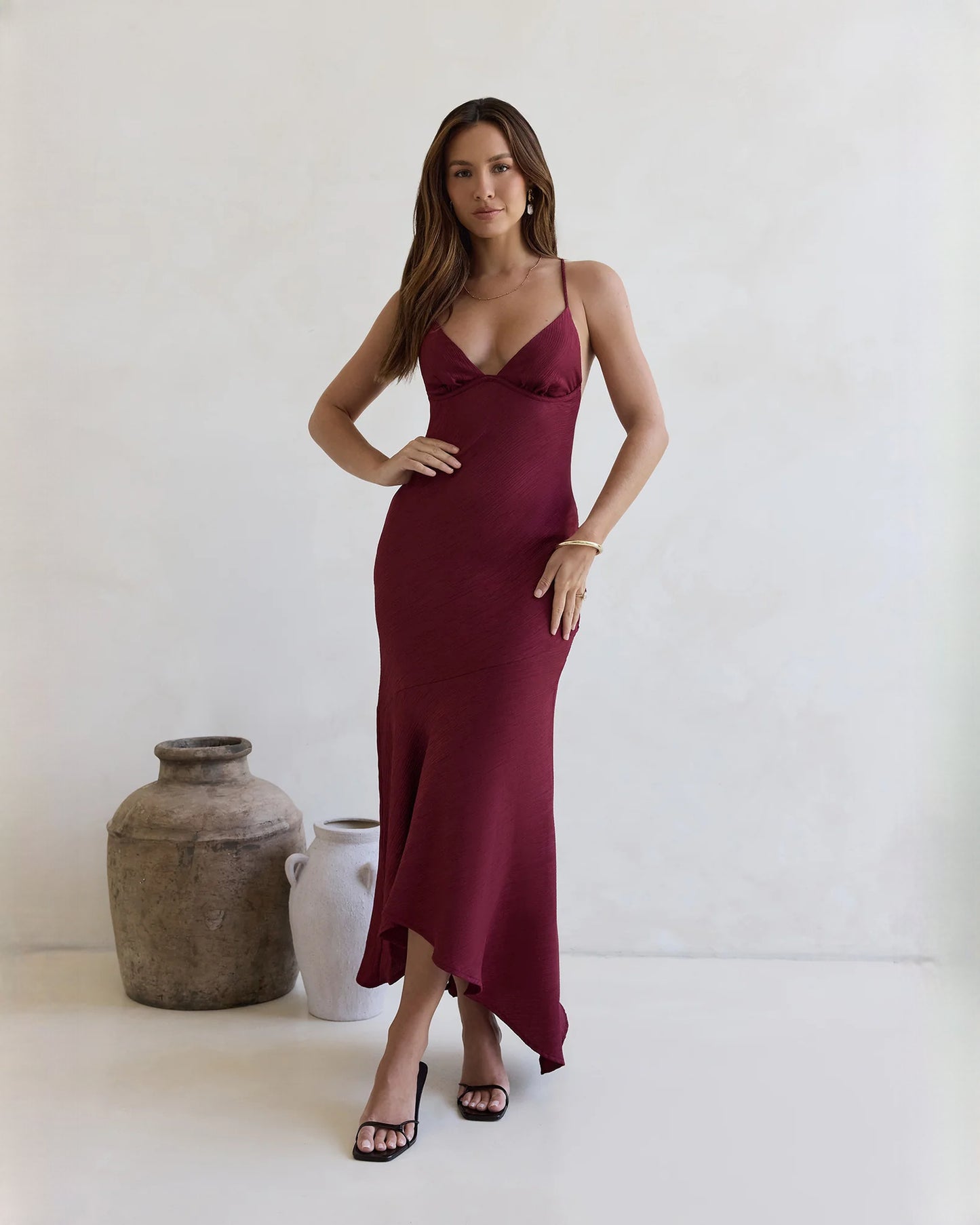 sleeveless satin a-line maxi bridesmaid dress - image 1