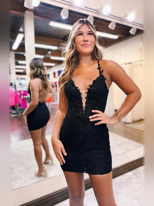 Black mini homecoming dress, alternate view showing the full-length silhouette
