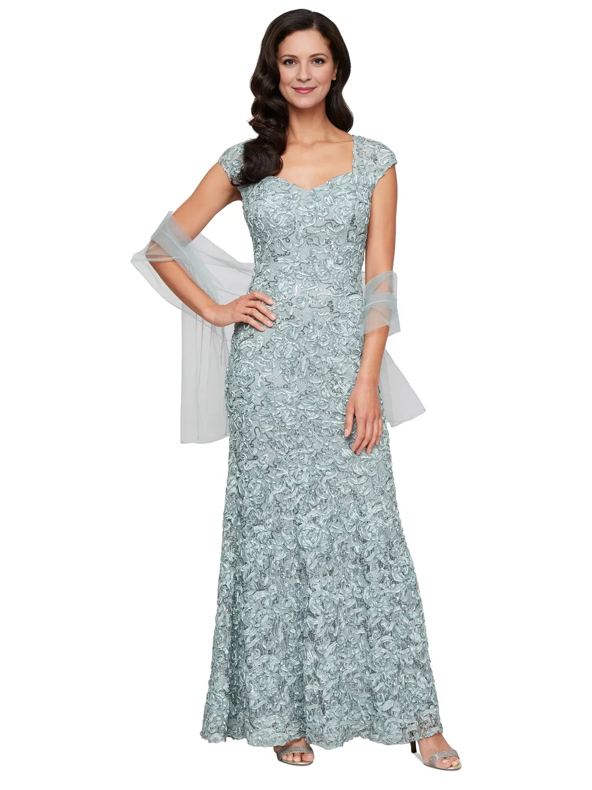 Dusty Blue mermaid floor-length formal dress with sweetheart neckline, full-length front view