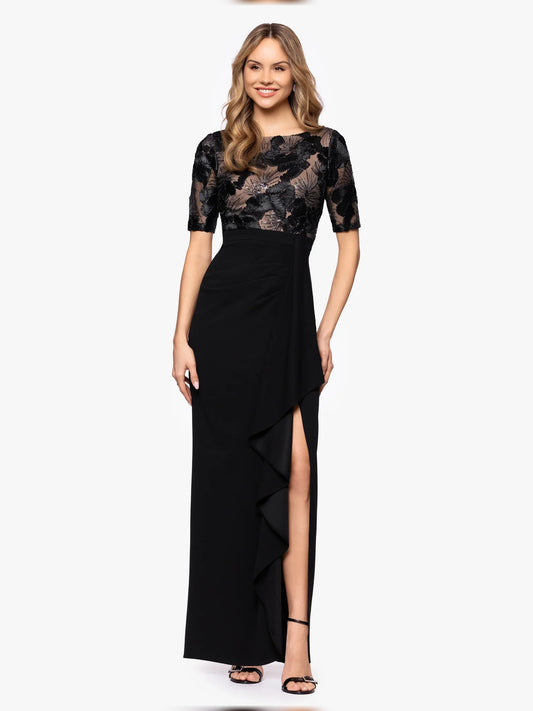 Black floor-length mother of the bride dress, front view showing the a-line silhouette