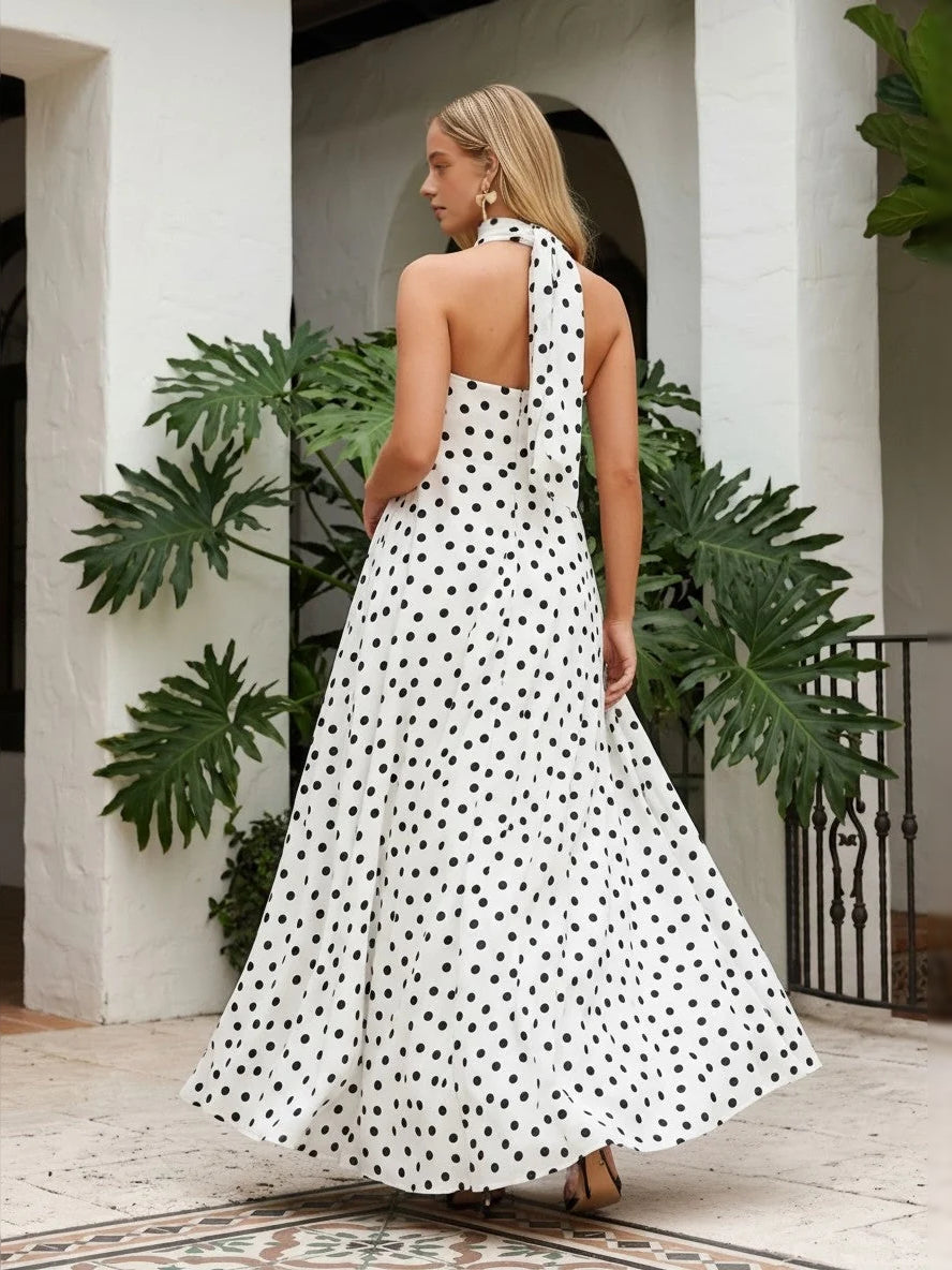 White & Black maxi bridesmaid dress, front view showing the a-line silhouette