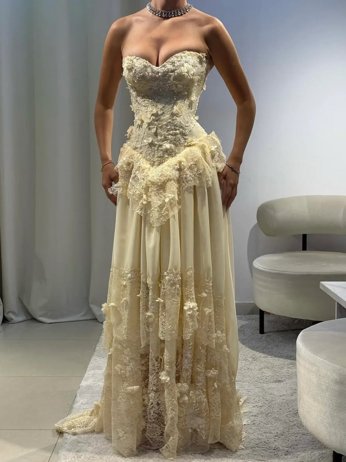 Pale Lemon a-line floor-length formal dress with sweetheart neckline, full-length front view