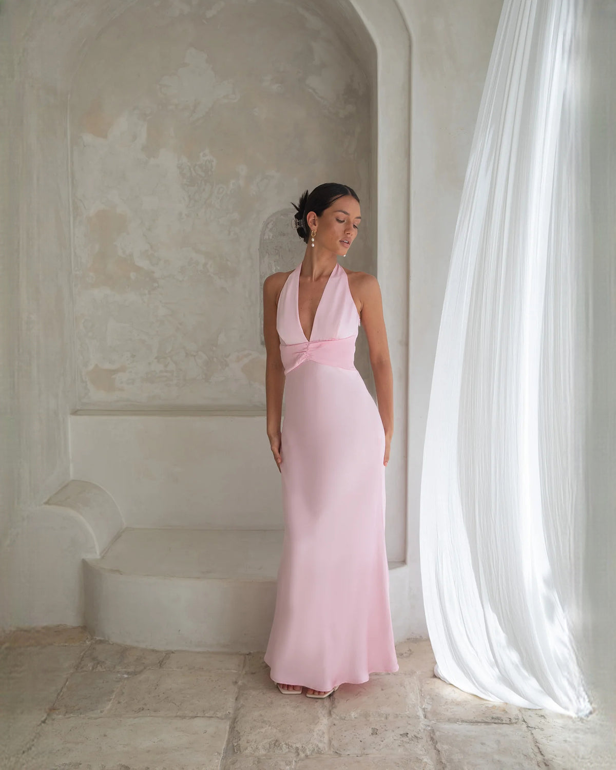 halter neck structured satin a-line maxi bridesmaid dress - image 1