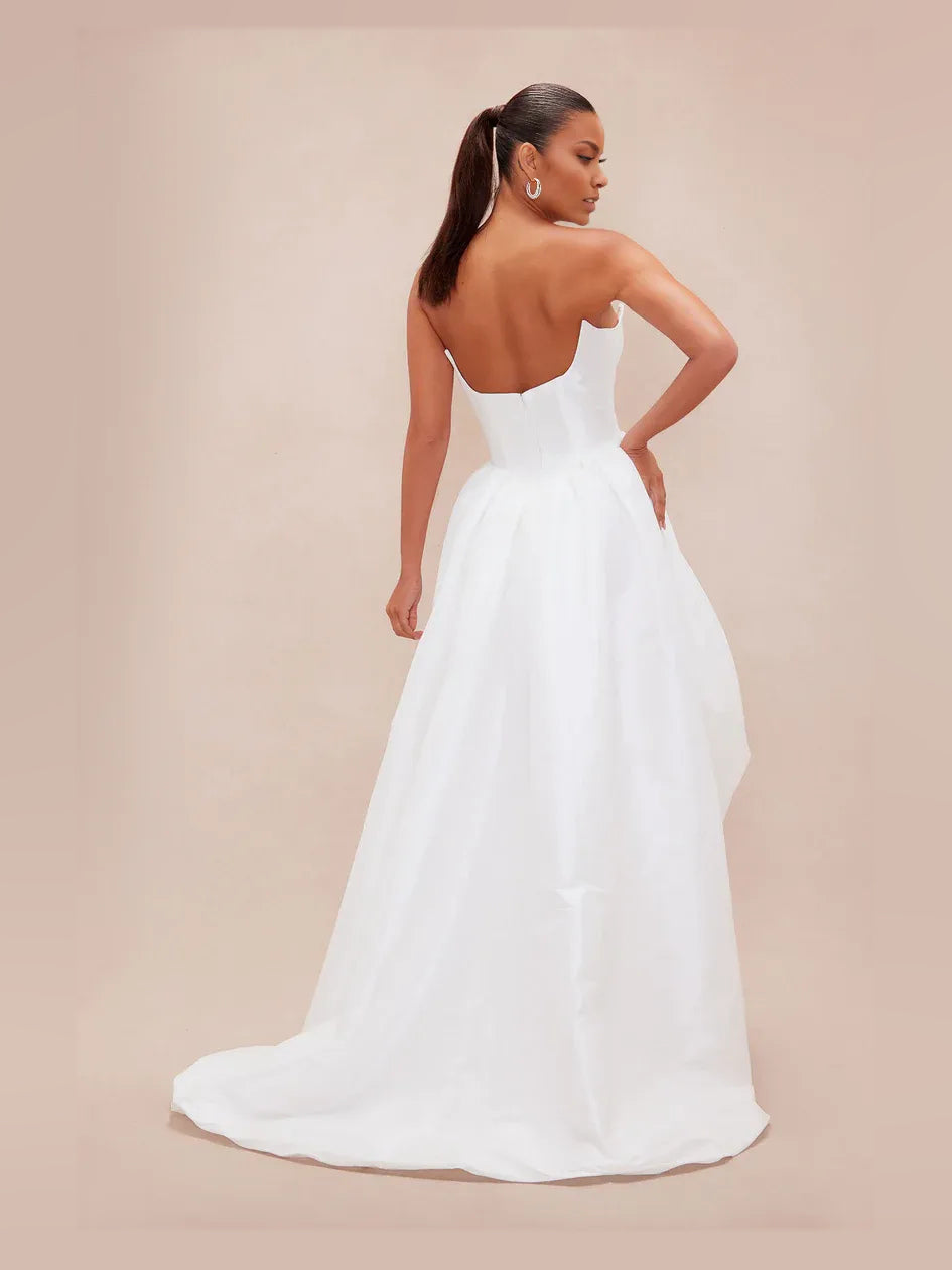 Black high-low prom dress, front view showing the a-line silhouette