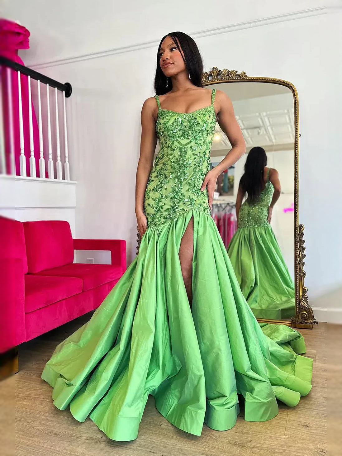 Lime Green floor-length prom dress, front view showing the mermaid silhouette