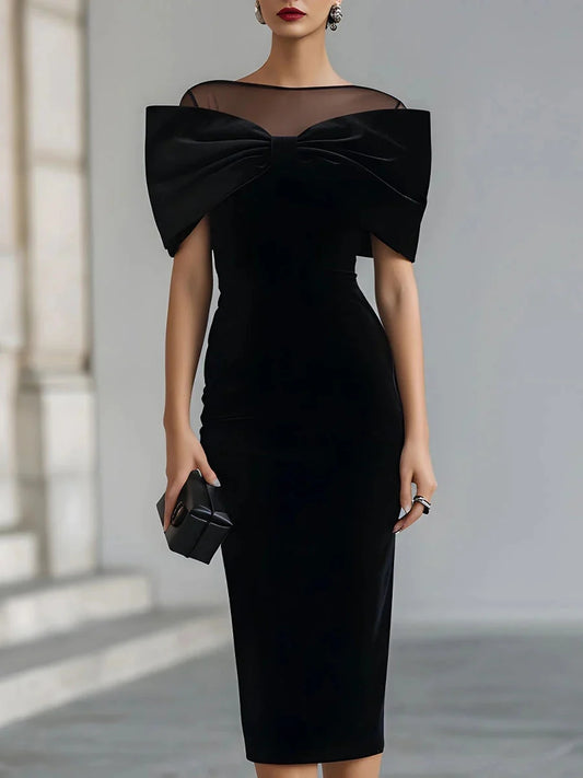 Black short mother of the bride dress, front view showing the sheath silhouette