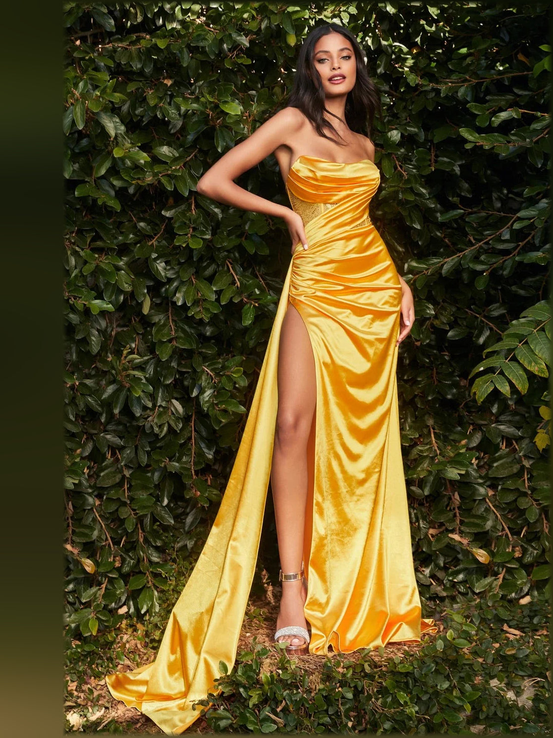 Yellow mermaid floor-length formal dress with strapless neckline, full-length front view