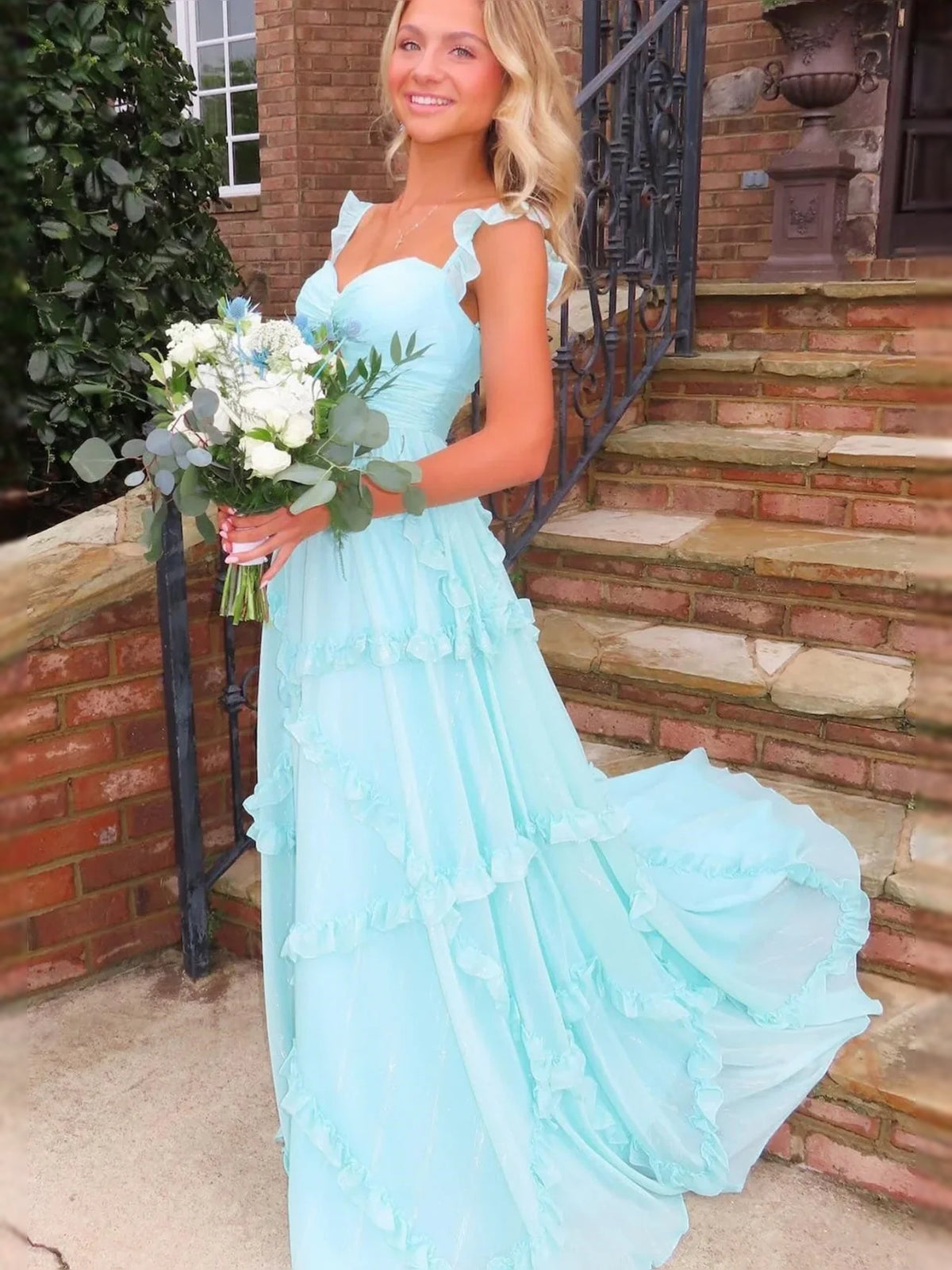Sky Blue maxi prom dress, front view showing the a-line silhouette