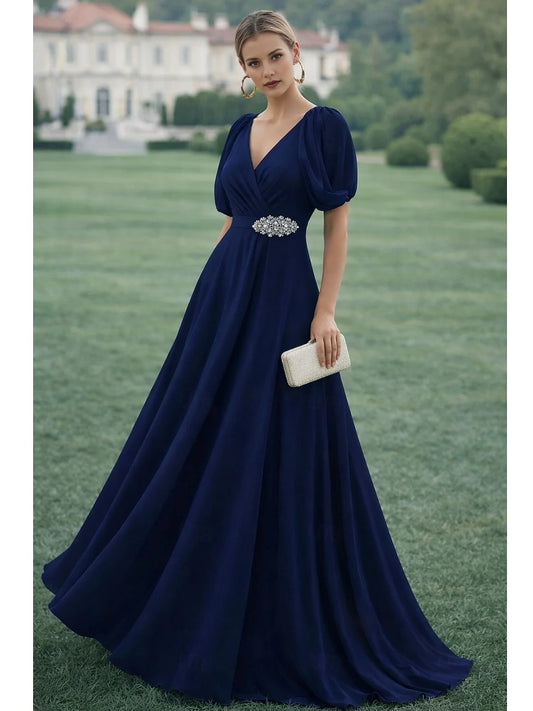 Dark Navy floor-length prom dress, front view showing the a-line silhouette
