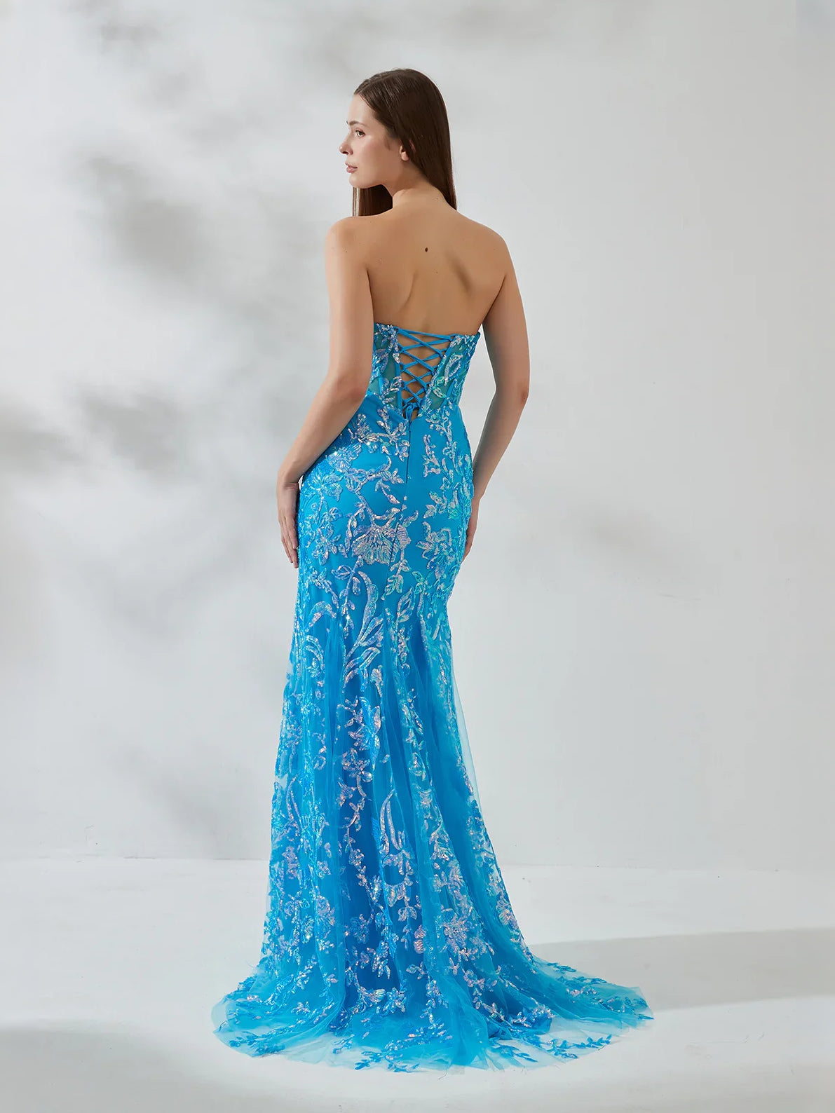 Ocean Blue floor-length prom dress, front view showing the mermaid silhouette