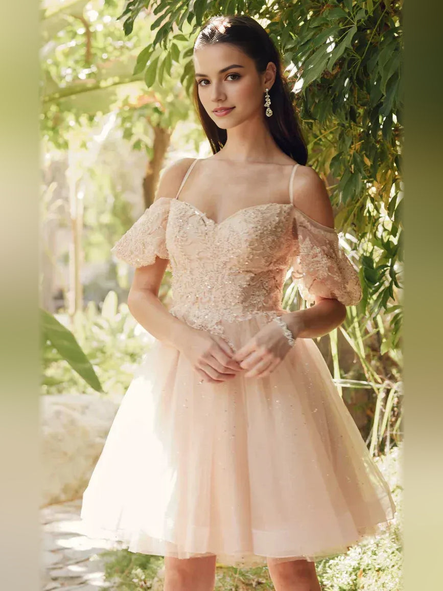 Champagne short homecoming dress, alternate view showing the full-length silhouette