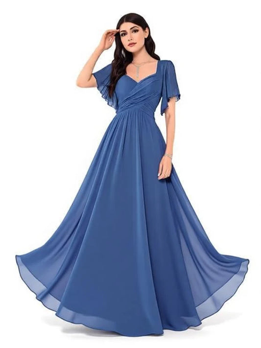 Dusty Blue maxi bridesmaid dress, front view showing the a-line silhouette