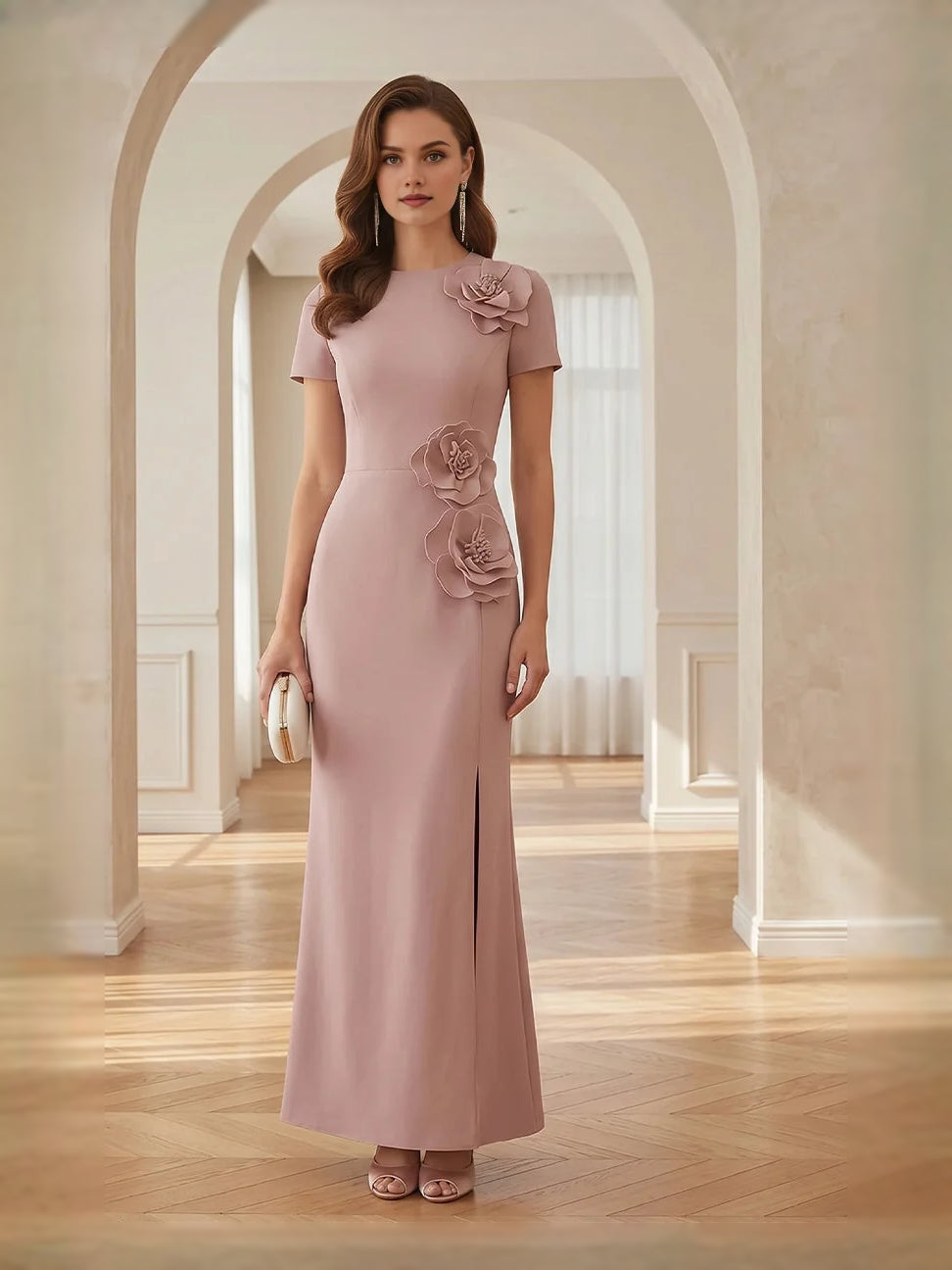 Dusty Rose short mother of the bride dress, front view showing the sheath silhouette