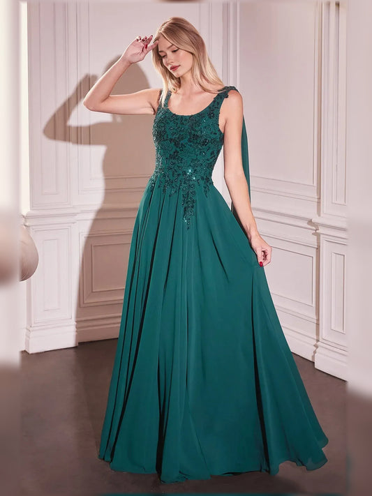 Teal a-line floor-length formal dress with beading, full-length front view