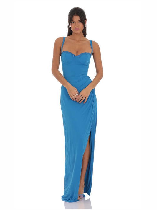 Bright Blue sheath maxi formal dress with sweetheart neckline, full-length front view