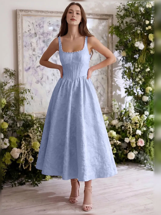 Light Blue fit-and-flare tea-length formal dress with square neckline, full-length front view