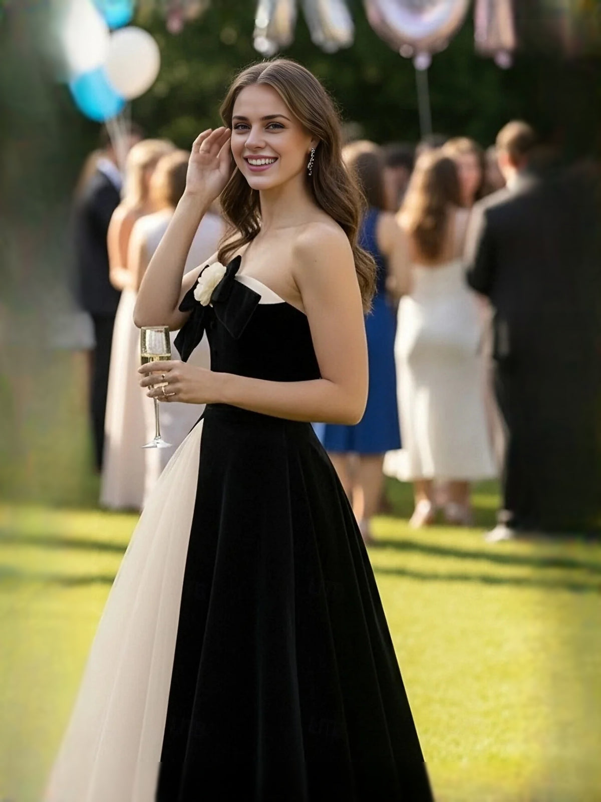 Black midi prom dress, front view showing the a-line silhouette