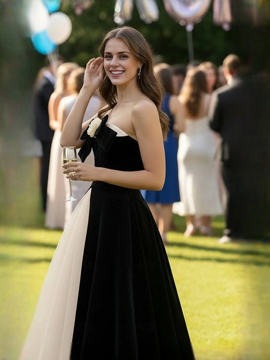 Black midi prom dress, front view showing the a-line silhouette