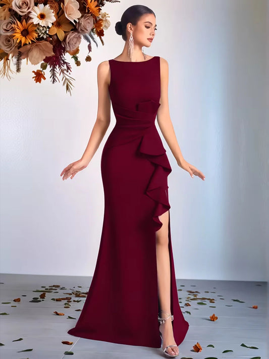 Crimson Red floor-length prom dress, front view showing the sheath silhouette