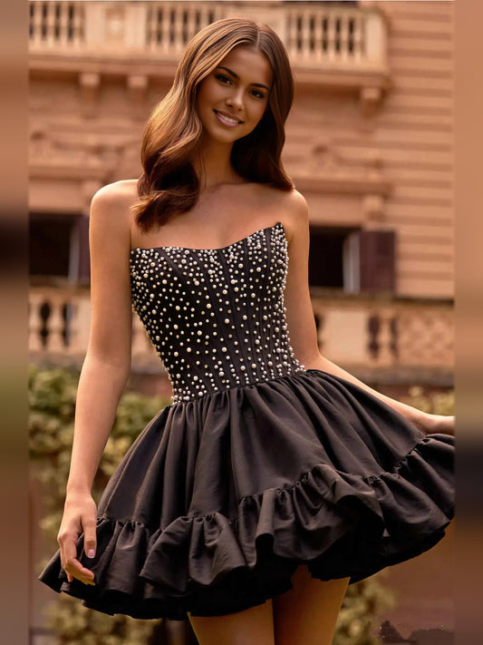 Black mini homecoming dress, alternate view showing the full-length silhouette