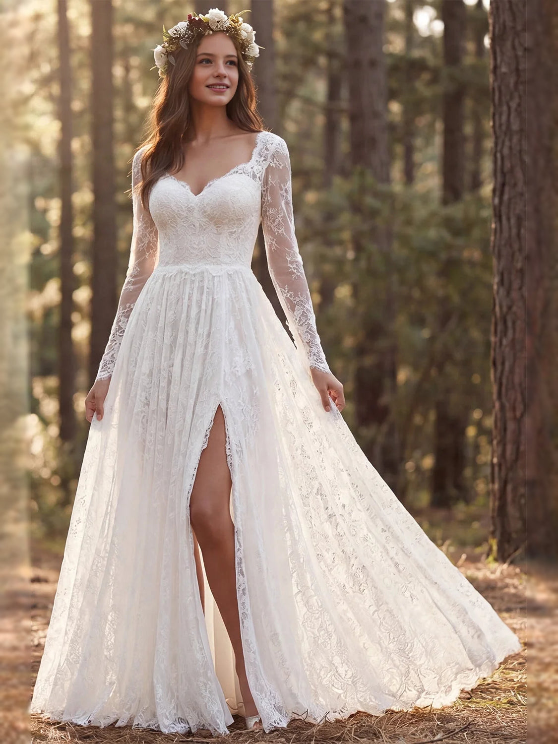 Ivory floor-length wedding dress, front view showing the a-line silhouette