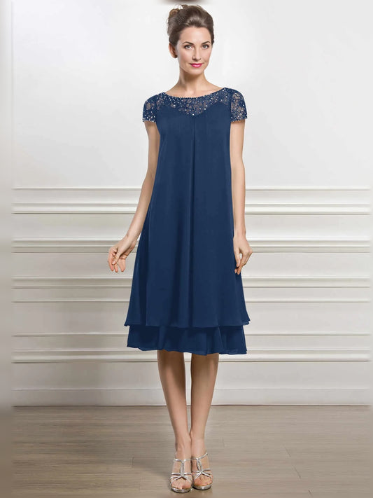 Dark Navy knee-length mother of the bride dress, front view showing the straight silhouette