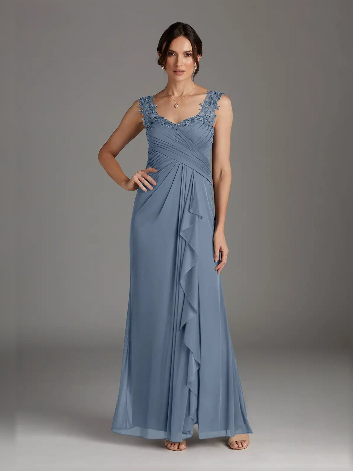 Dusty Blue maxi mother of the bride dress, front view showing the a-line silhouette