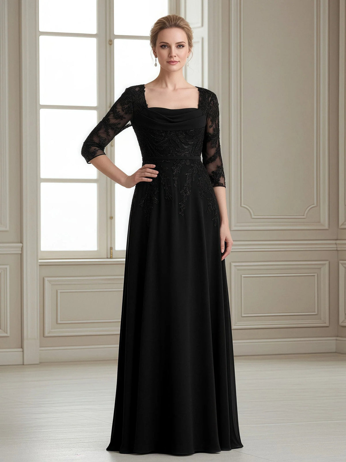 Black floor-length mother of the bride dress, front view showing the a-line silhouette