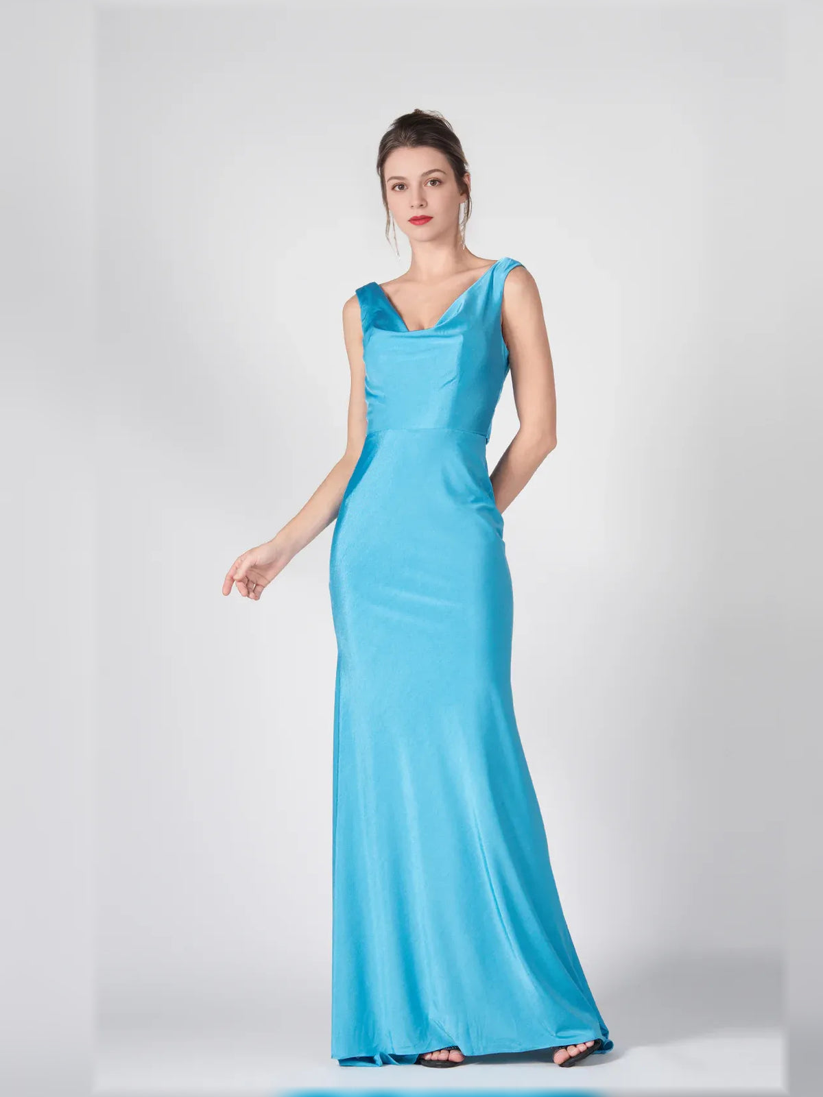 Caribbean mermaid floor-length formal dress with V-neckline, full-length front view