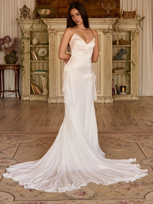 Ivory white maxi prom dress, front view showing the mermaid silhouette