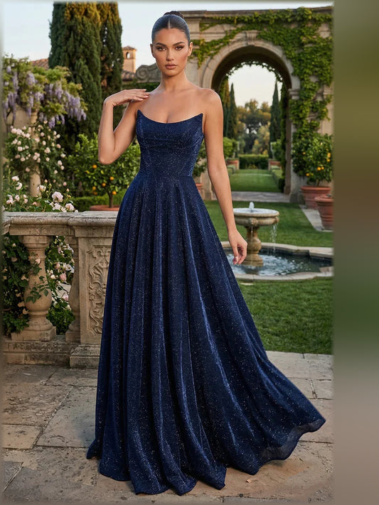 Dark Navy a-line floor-length formal dress with strapless neckline, full-length front view