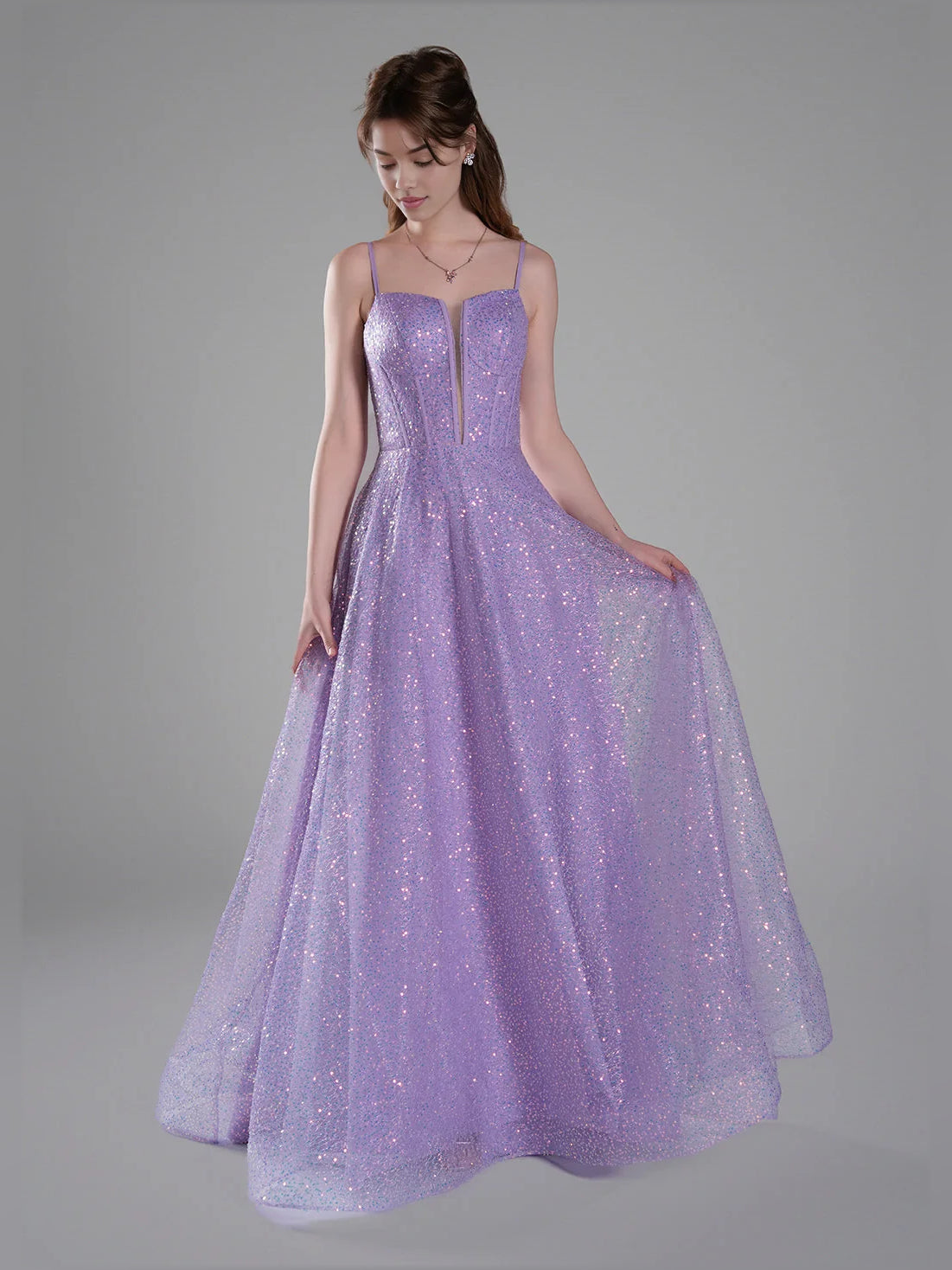 Lilac floor-length prom dress, front view showing the a-line silhouette