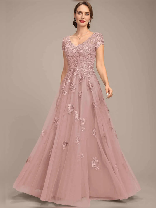 Pearl Pink maxi mother of the bride dress, front view showing the a-line silhouette