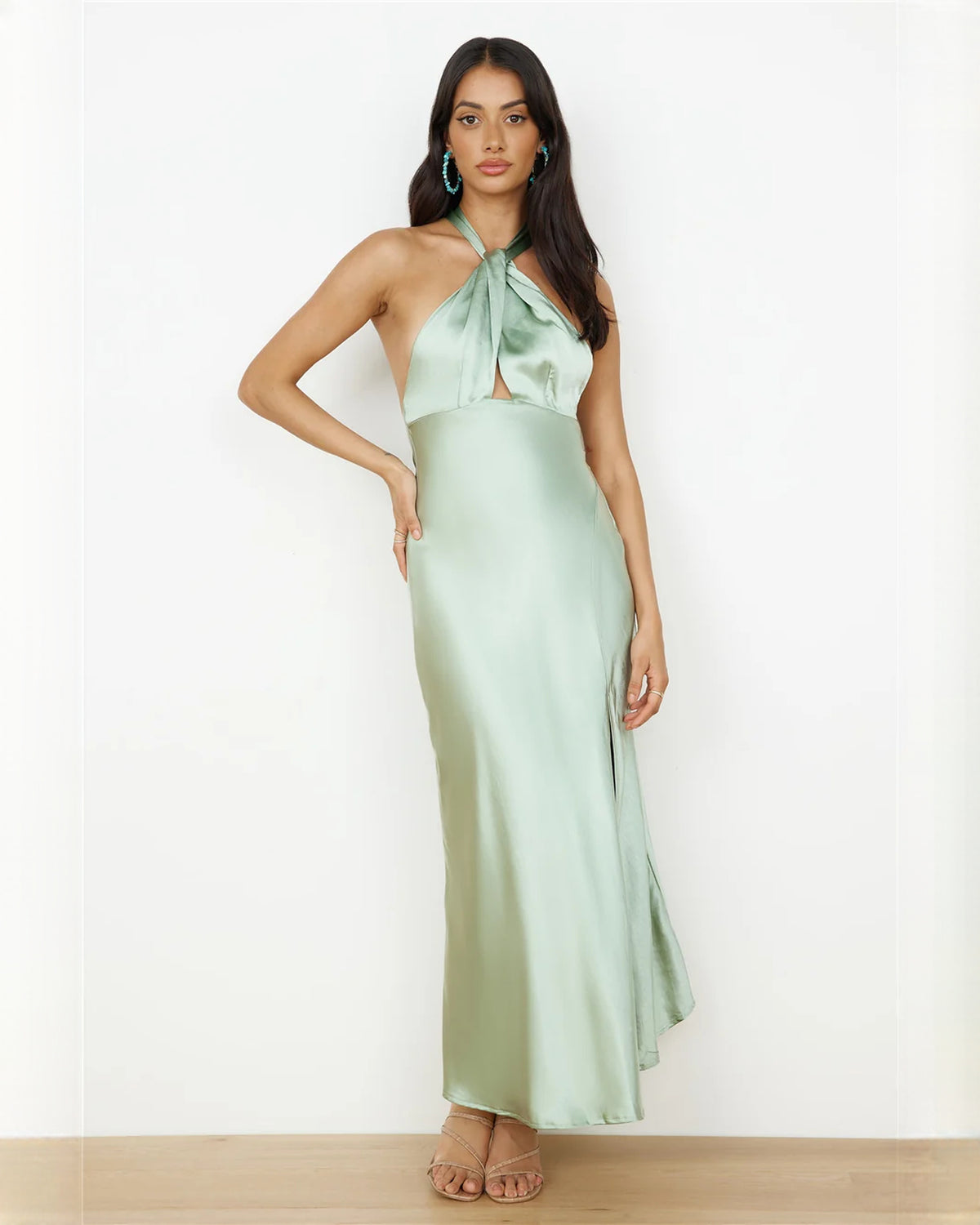 sleeveless satin a-line maxi bridesmaid dress - image 1
