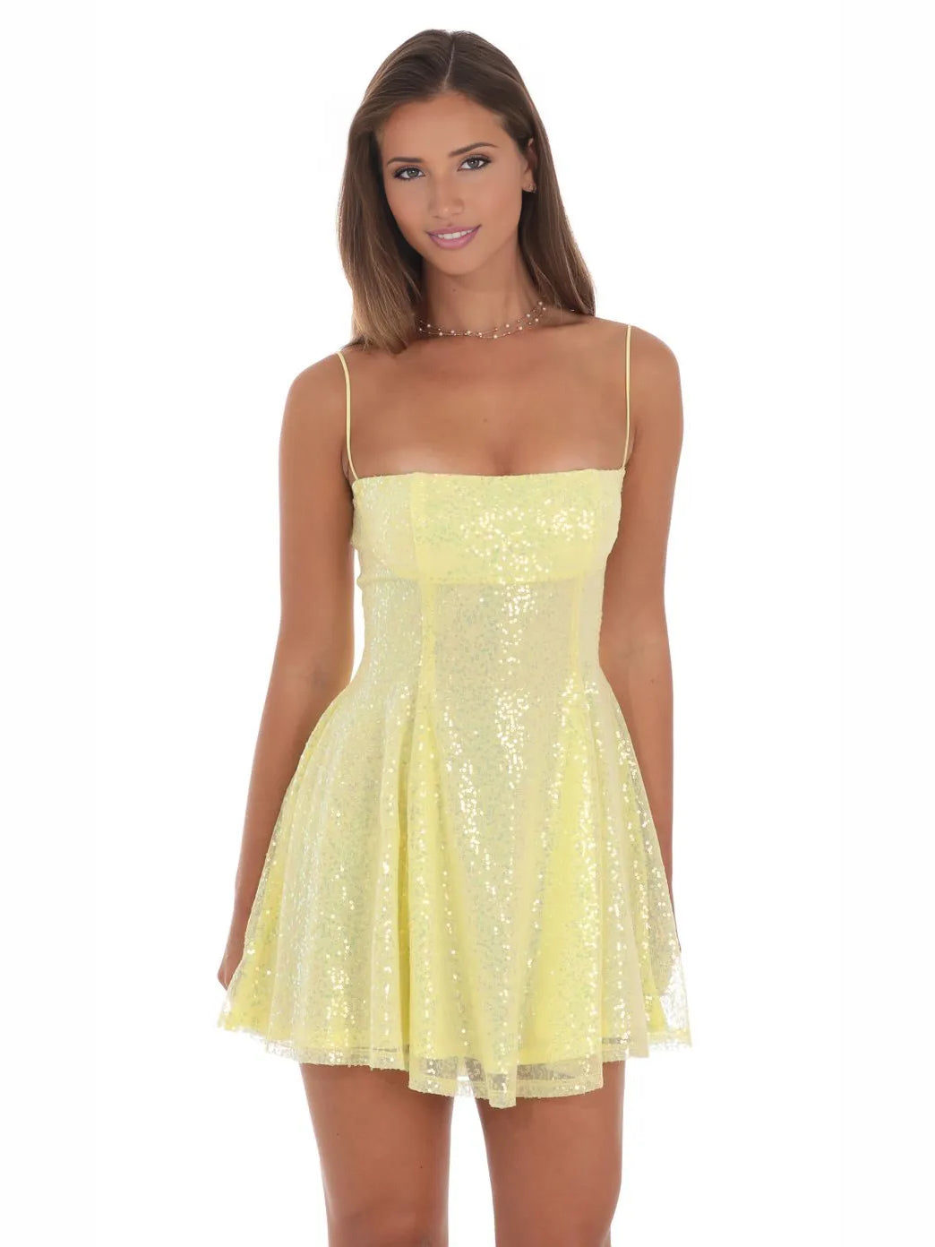 Pale Lemon mini homecoming dress, alternate view showing the full-length silhouette