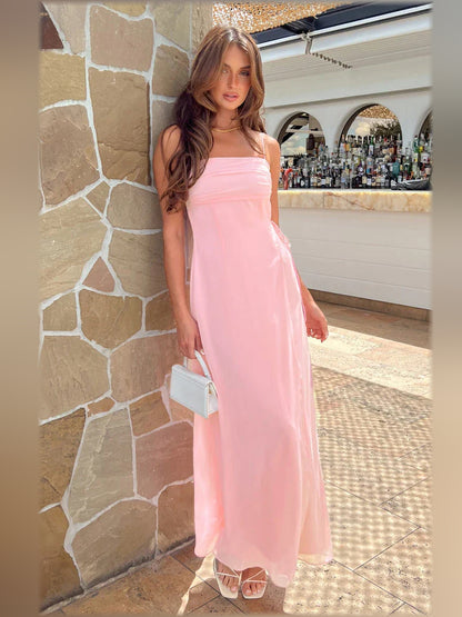 Pink Square Neck Spaghetti Strap A-Line Floor-Length Elegant Formal Dress, front view