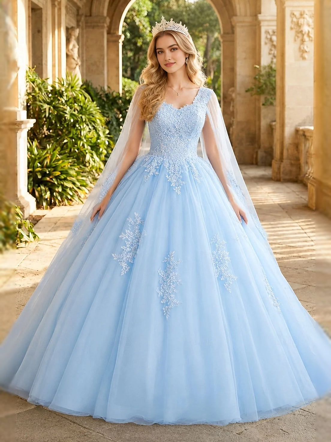 Sky Blue floor-length prom dress, front view showing the ball-gown silhouette