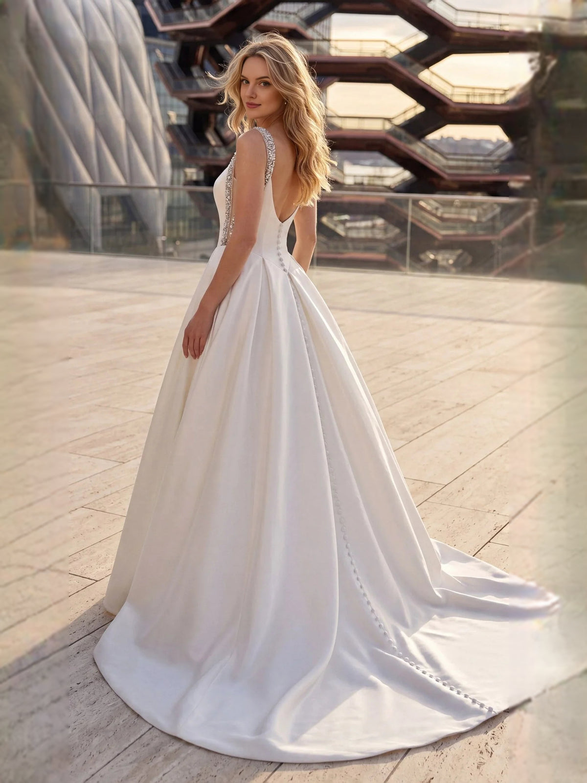 White floor-length wedding dress, front view showing the a-line silhouette