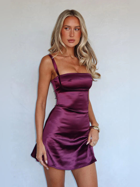 Plum mini homecoming dress, front view showing the silhouette