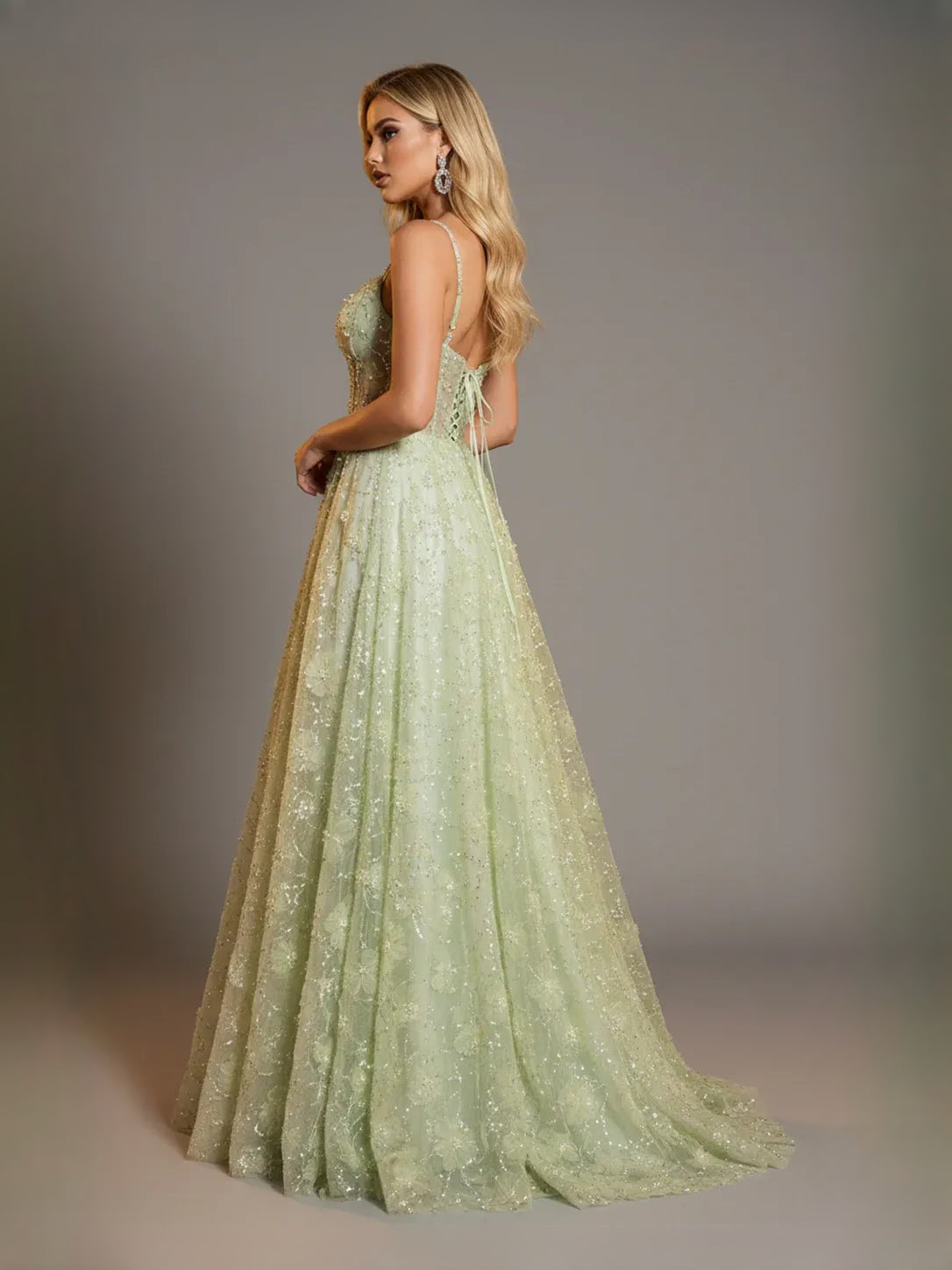 Mint Green maxi prom dress, front view showing the a-line silhouette