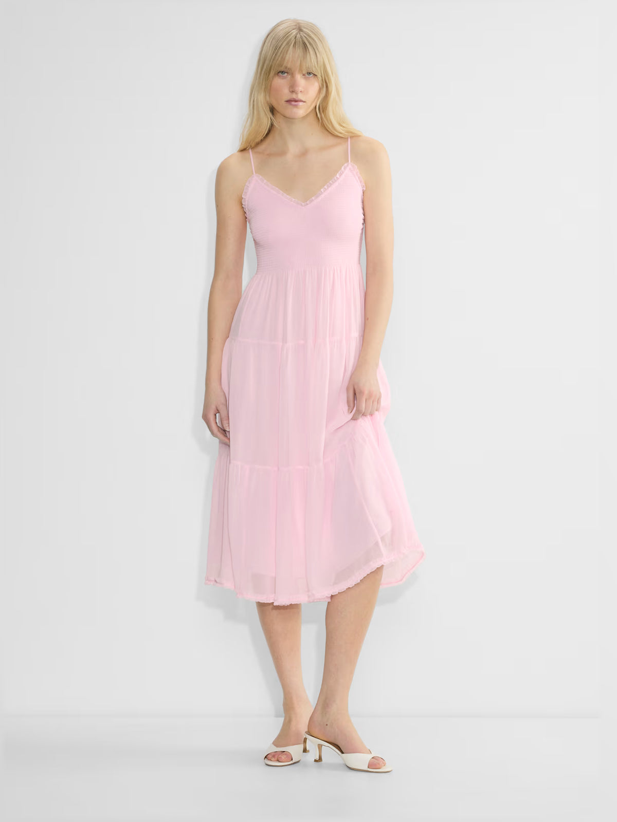 pink midi formal dress with V-neckline, full-length front view