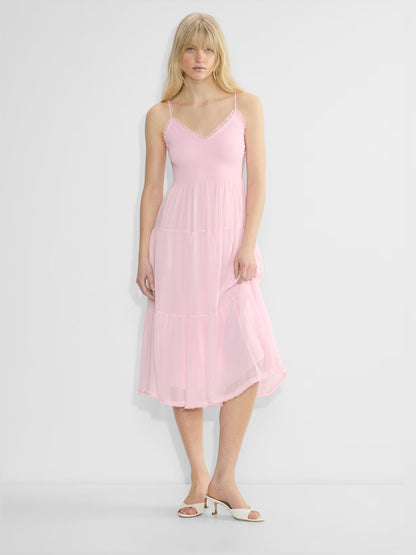 pink midi formal dress with V-neckline, full-length front view