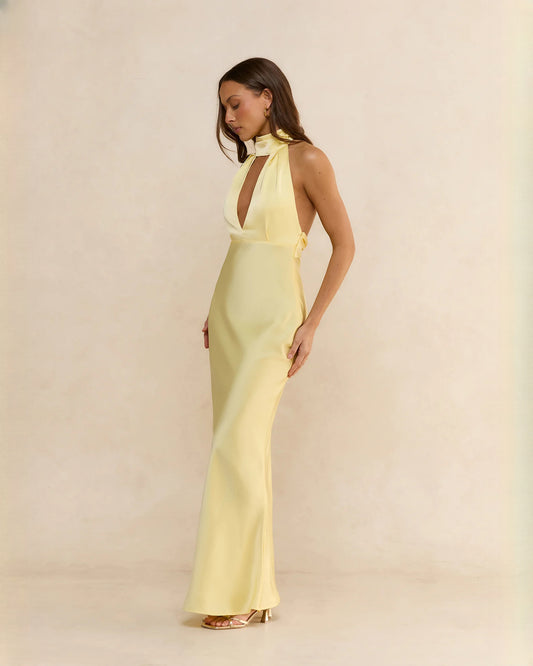 halter neck satin a-line maxi bridesmaid dress - image 1