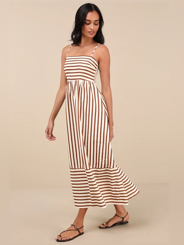Brown midi formal dress with printed pattern, full-length front view