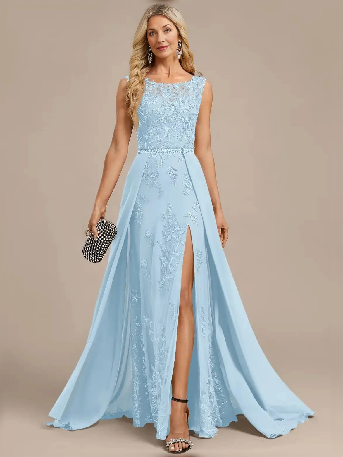 Sky Blue floor-length mother of the bride dress, front view showing the a-line silhouette