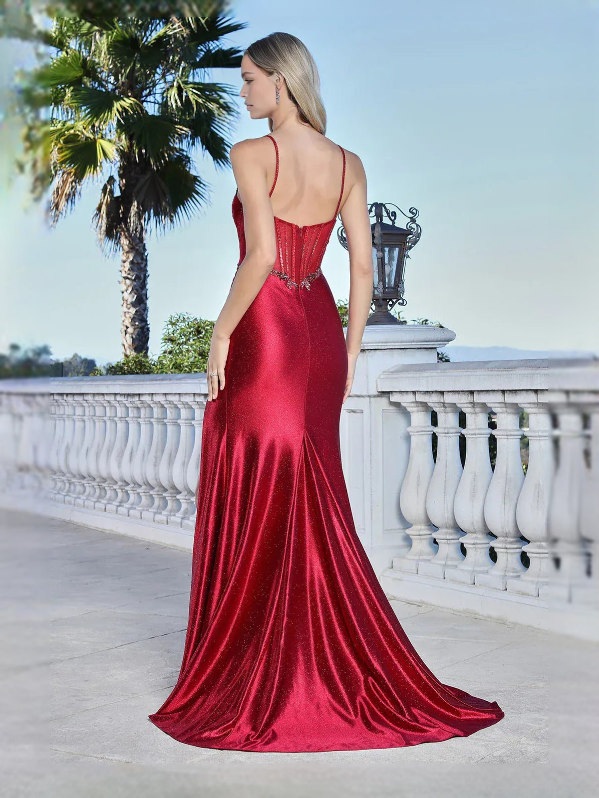Burgundy maxi prom dress, front view showing the mermaid silhouette