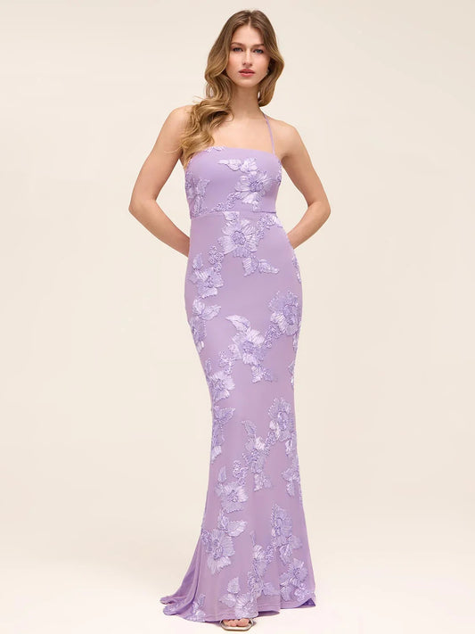 Lilac mermaid floor-length formal dress with strapless neckline, full-length front view